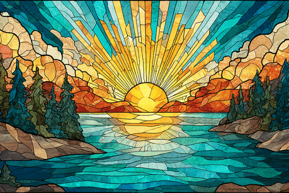 Download Stained Glass Sunrise Lake Art - Stained Collection