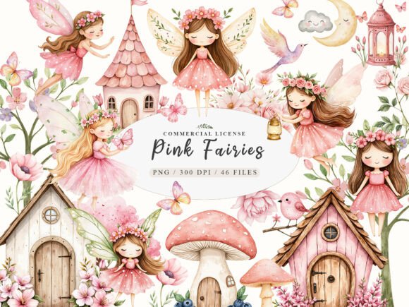 Download Watercolor Magical Garden Pink Fairies - Pink Collection