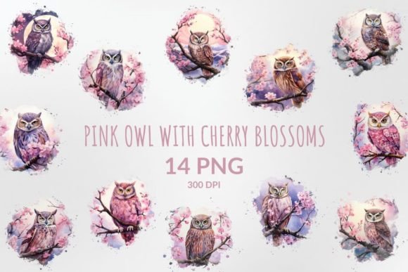 Download Watercolor Pink Owl with Cherry Blossoms - Pink Collection