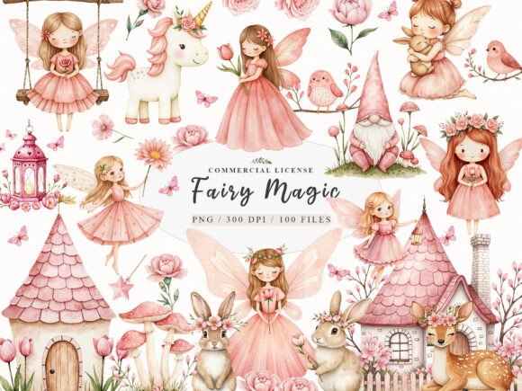 Download Watercolor Magical Garden Pink Fairies - Pink Collection