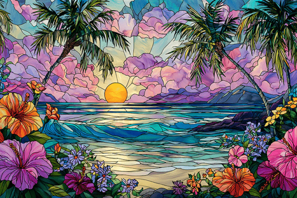Download Tropical Stained Glass Sunset Art - Stained Collection