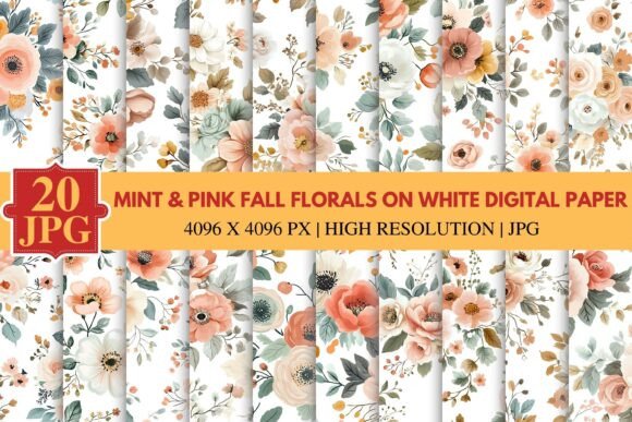 Download Mint &amp; Pink Fall Florals on White Digita - Pink Collection