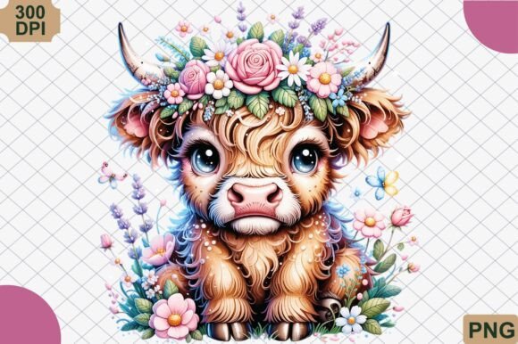 Download Boho Highland Cow and Pink Flowers PNG - Pink Collection