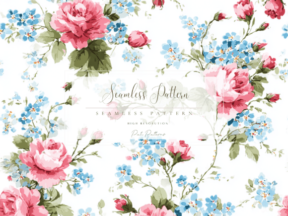 Download Vintage Pink Roses and Blue Forget-Me-Not Seamless Floral Pattern PNG - Pink Collection
