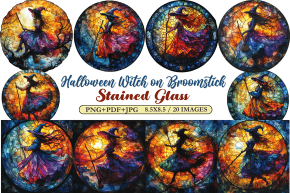 Download Halloween Witch on Broomstick Stained Gl - Stained Collection